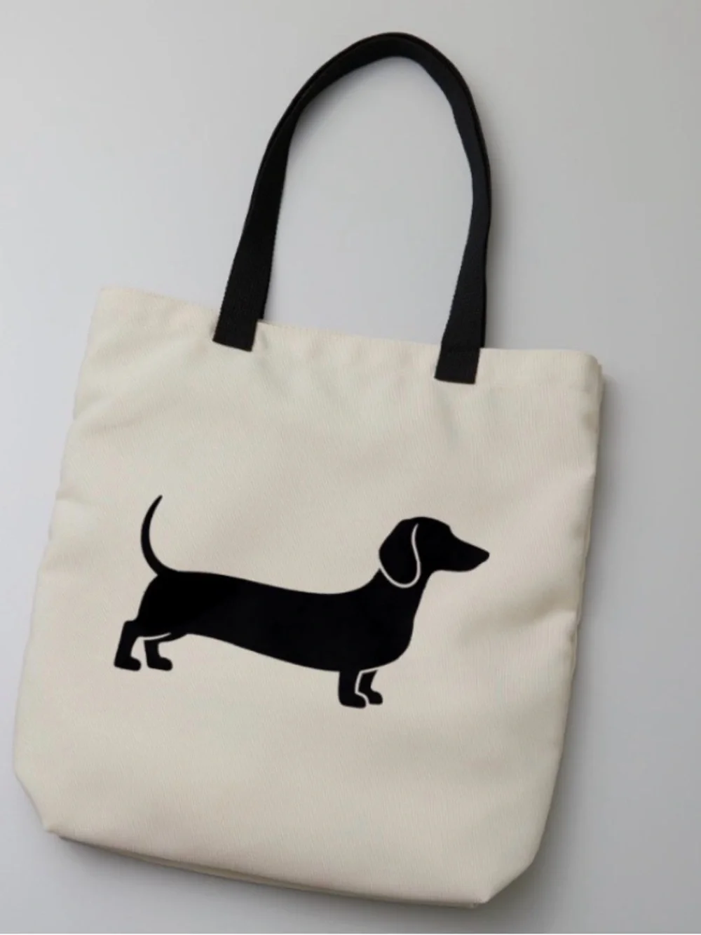 Canvas Dachshund Tote Bag - Black on Cream 19 in x 14 in